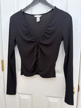 H&M Black Gathered V-Neck Long Sleeve Top